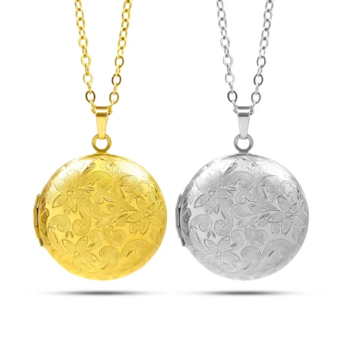 Collar Acero Relicario Circular Flores Grabadas