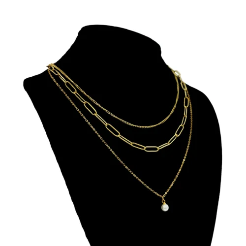 Collar Acero Triple Eslabon Oval Largo y Cubana Perla (1)