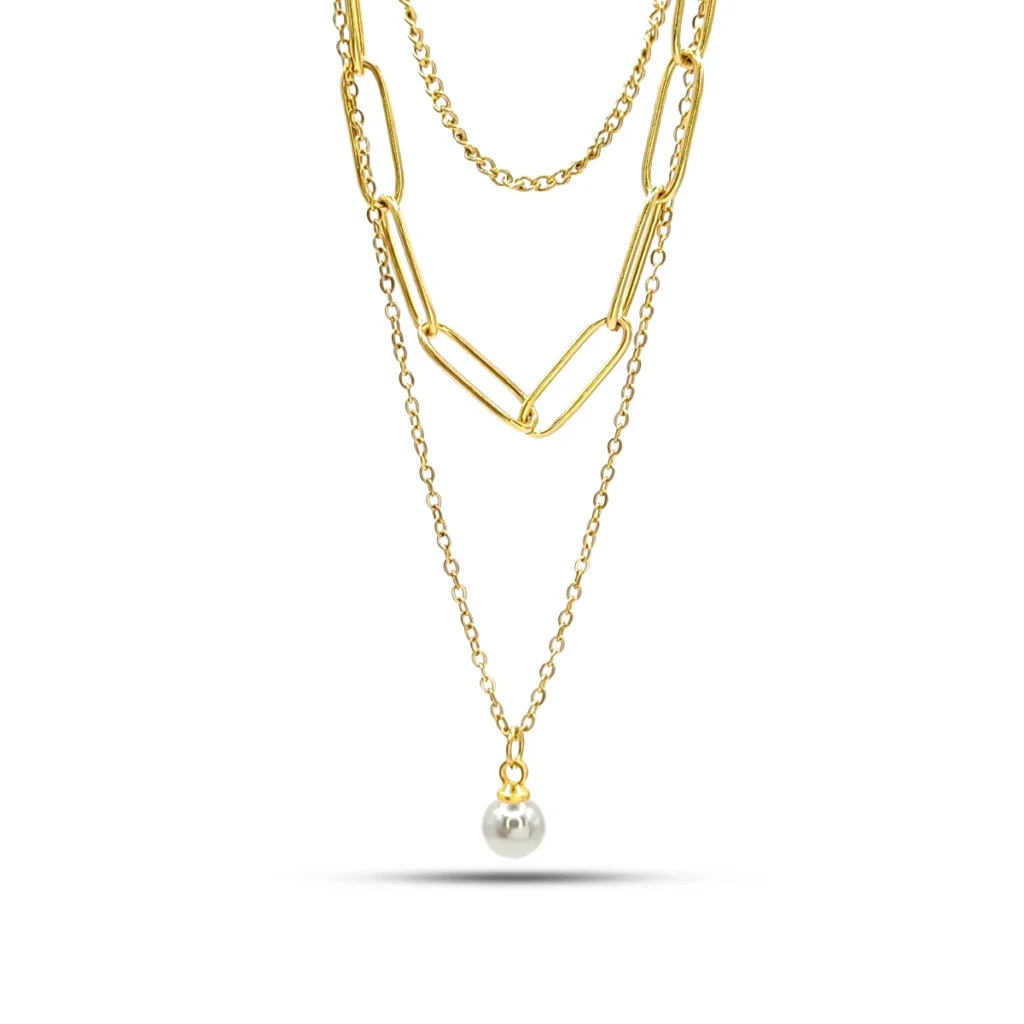 Collar Acero Dorado Corazon Inflado Madre Perla Centro 13 Collar Acero Triple Eslabon Oval Largo y Cubana Perla