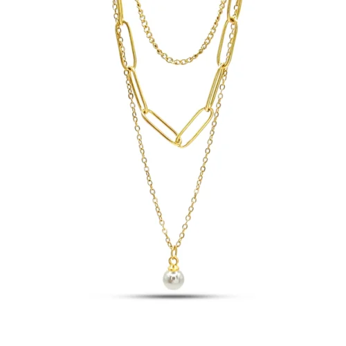 Collar Acero Triple Eslabon Oval Largo y Cubana Perla