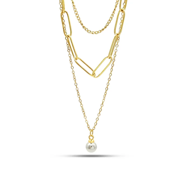 Collar Acero Triple Eslabon Oval Largo y Cubana Perla