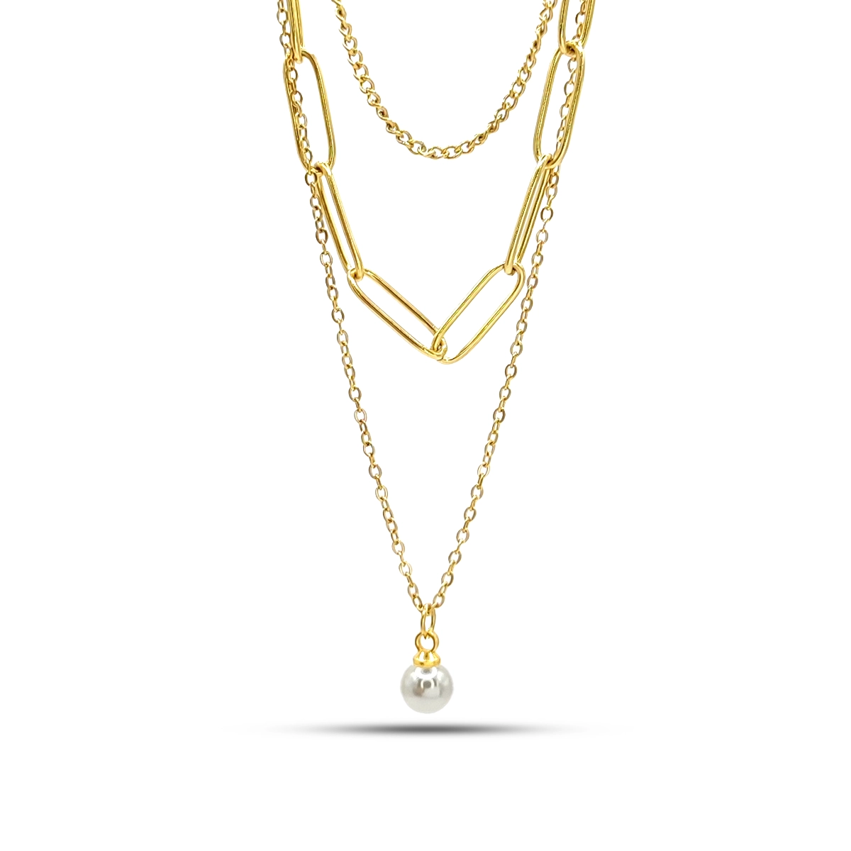 Collar Acero Triple Eslabon Oval Largo y Cubana Perla