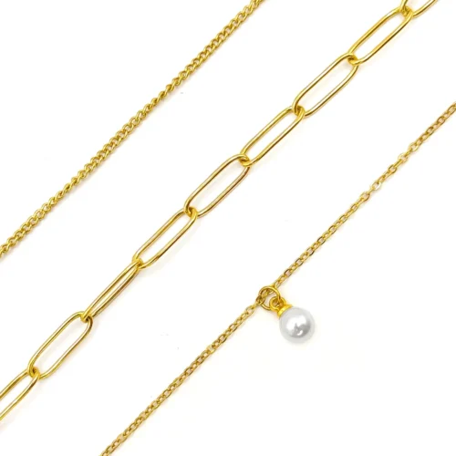 Collar Acero Triple Eslabon Oval Largo y Cubana Perla (3)