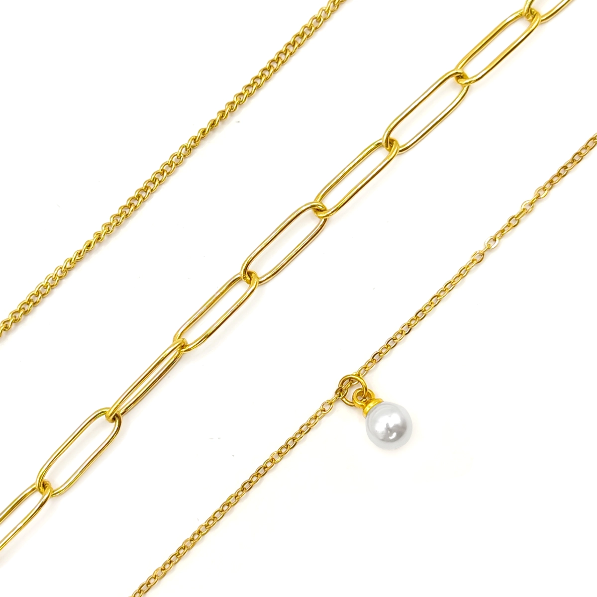 Collar Acero Triple Eslabon Oval Largo y Cubana Perla 3