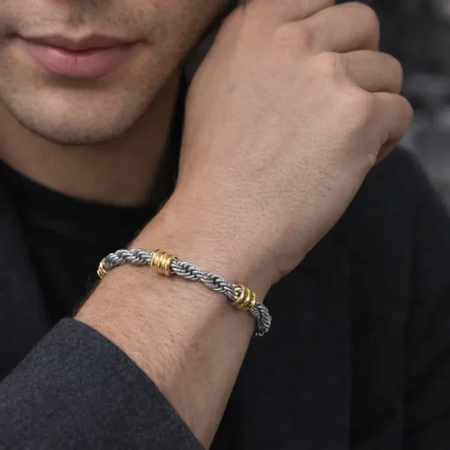 Pulsera Acero Bicolor Esclava Torzal Remaches Tubo (1)