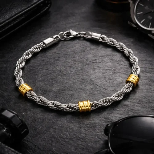 Pulsera Acero Bicolor Esclava Torzal Remaches Tubo (2)