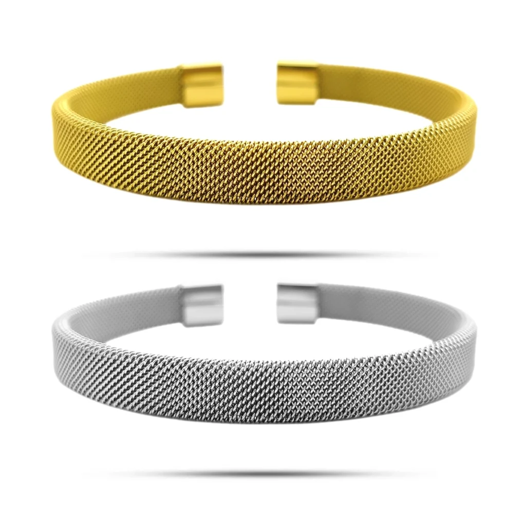 Pulsera Acero Brazalete Dividido Madre Perla y Cristales 14 Pulsera Acero Brazalete Ajustable Malla Red Ancho 3