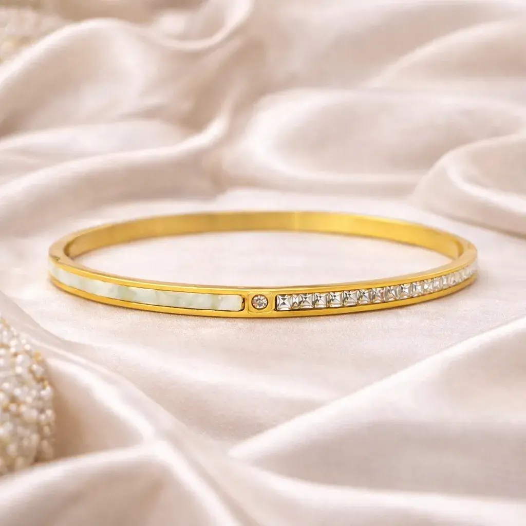 Pulsera Acero Brazalete Dividido Madre Perla y Cristales 6 Pulsera Acero Brazalete Dividido Madre Perla y Cristales