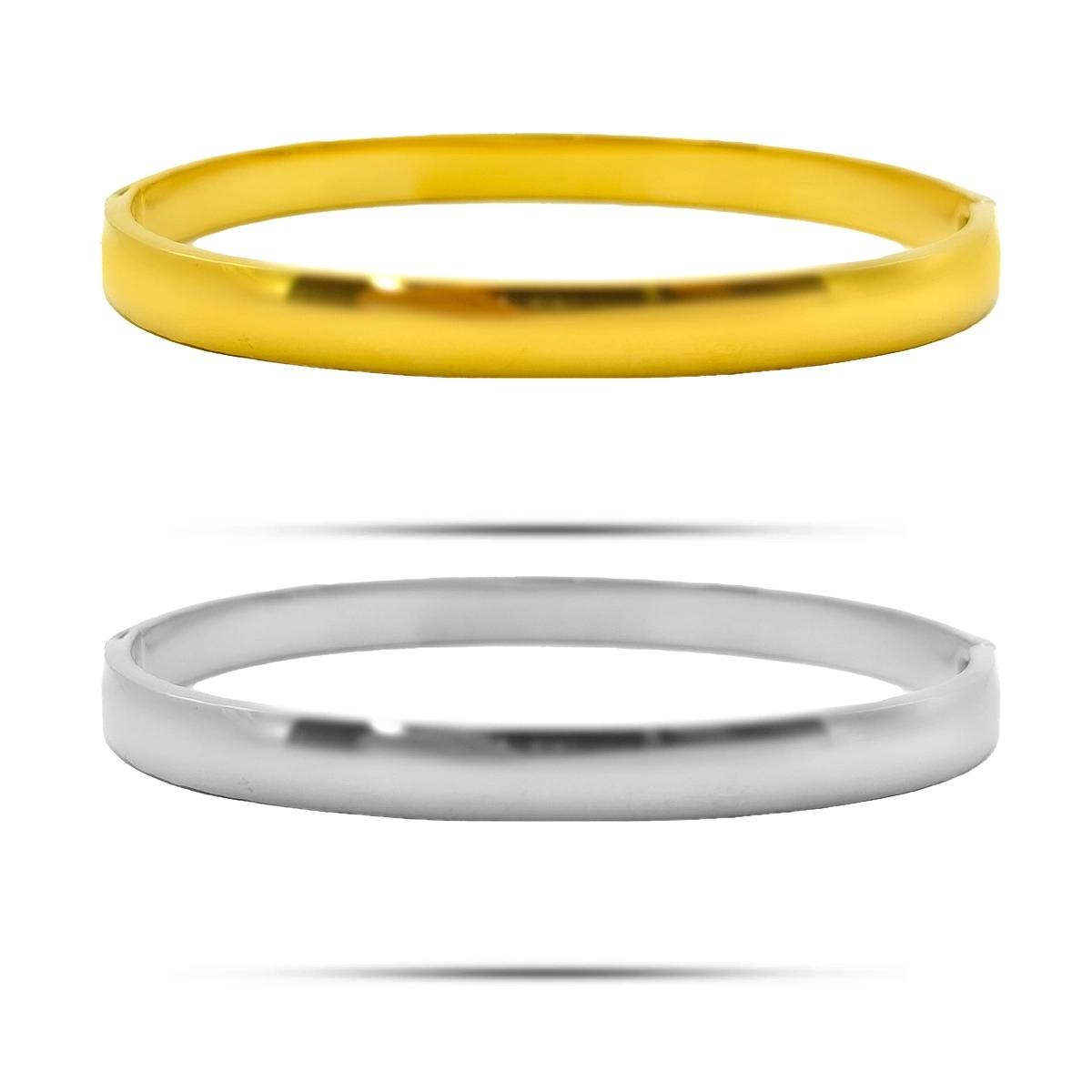 Brazalete rígido liso de acero inoxidable para mujer en acabado dorado y plateado sobre fondo blanco