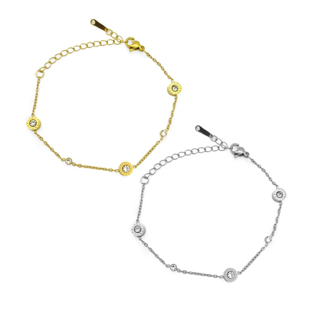 Pulsera de acero inoxidable con círculos, números romanos y cristales claros sobre fondo blanco