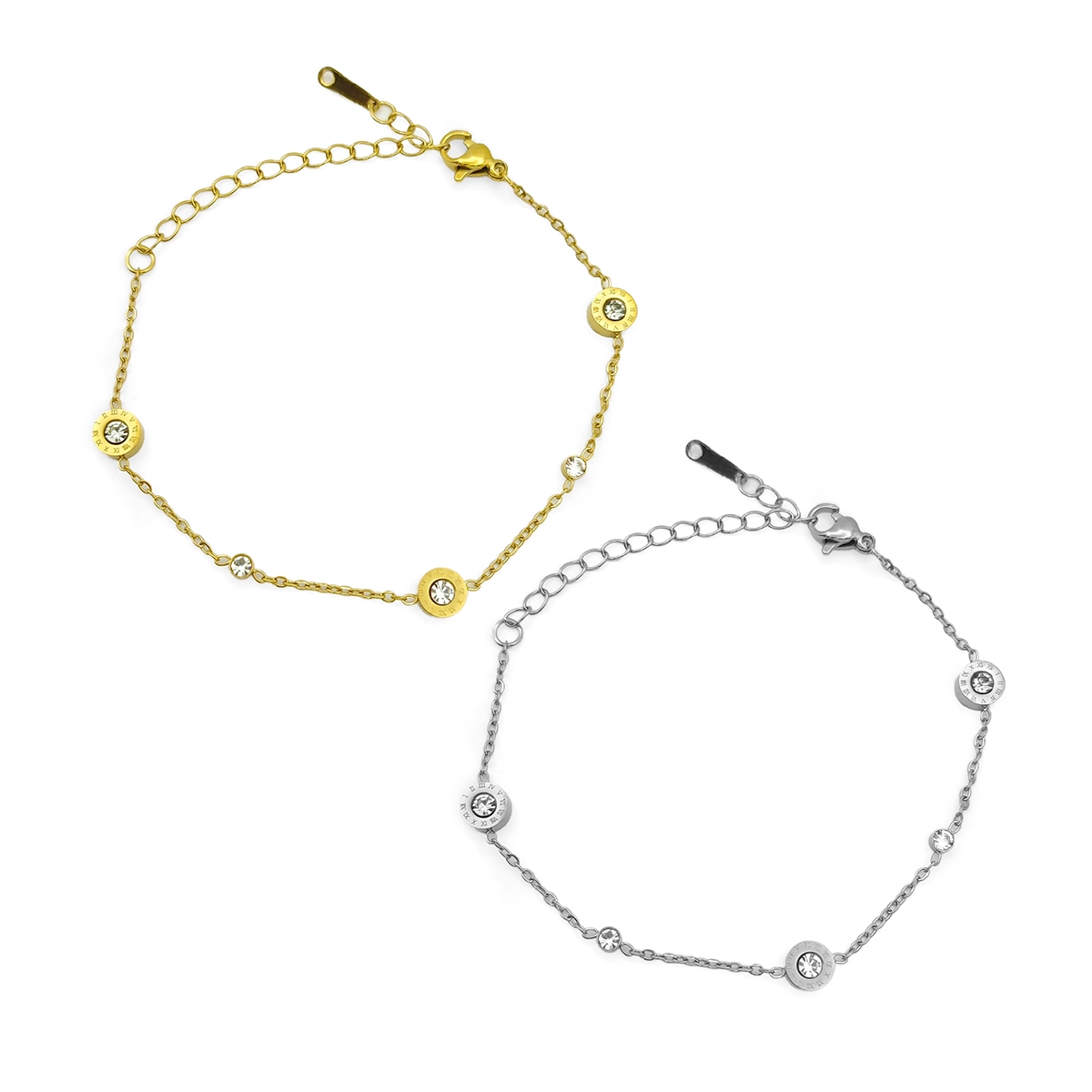 Pulsera de acero inoxidable con círculos, números romanos y cristales claros sobre fondo blanco