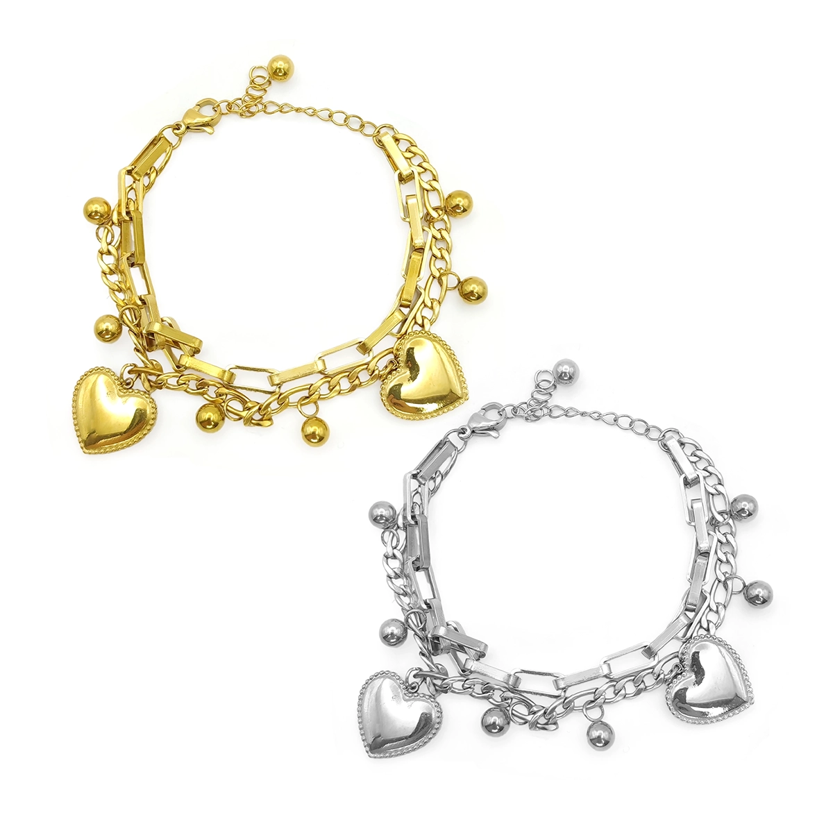 Pulsera chunky de acero inoxidable con doble cadena, balines y corazones grandes en acabado dorado y plateado sobre fondo blanco