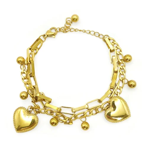 Pulsera Acero Doble Cadena Chunky Balin Corazones Grandes (2)
