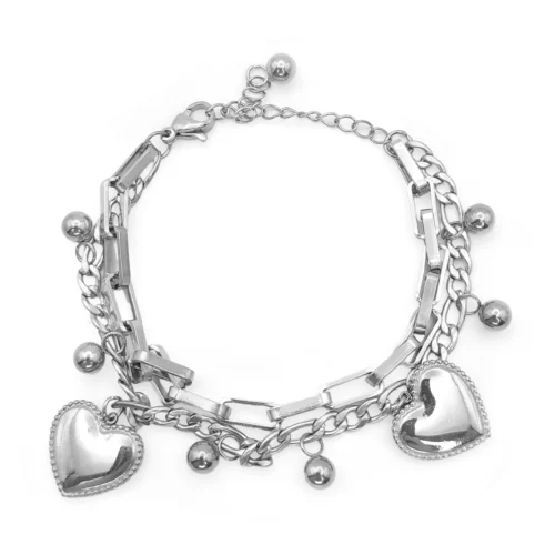 Pulsera Acero Doble Cadena Chunky Balin Corazones Grandes