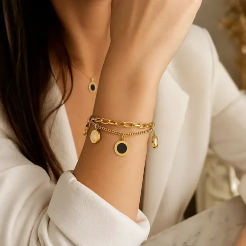 Pulsera Acero Doble Oval Cubana Círculos Madre Perla (1)