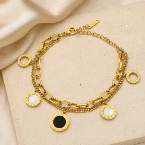Pulsera Acero Doble Oval Cubana Círculos Madre Perla (2)