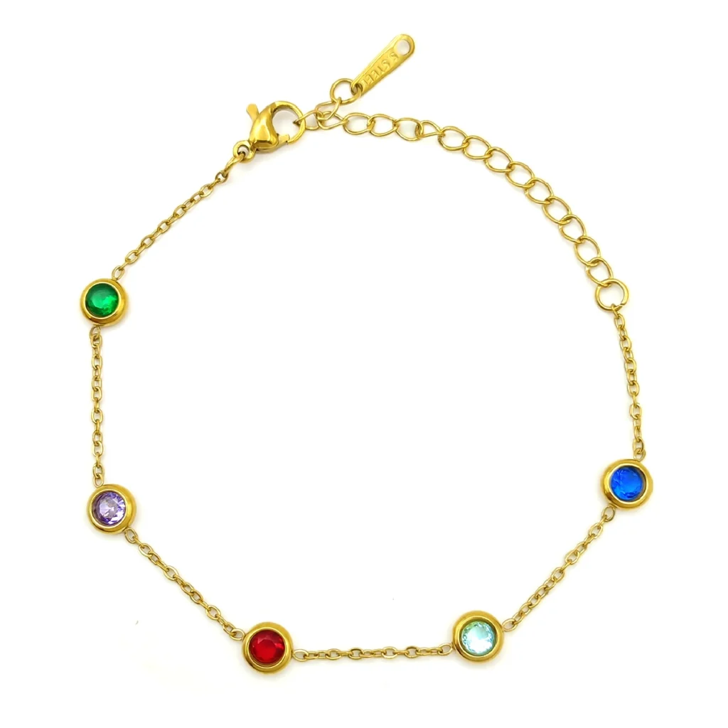 Collar Acero Dorado Doble Cadena Dije Gota Madre Perla 15 Pulsera dorada de acero inoxidable con círculos de zirconia multicolor de 6 mm sobre fondo blanco