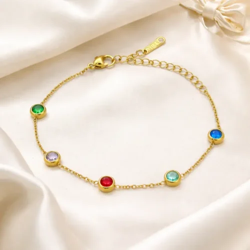 Pulsera Acero Dorado Circulos Zirconia Multicolor Delgada (2)