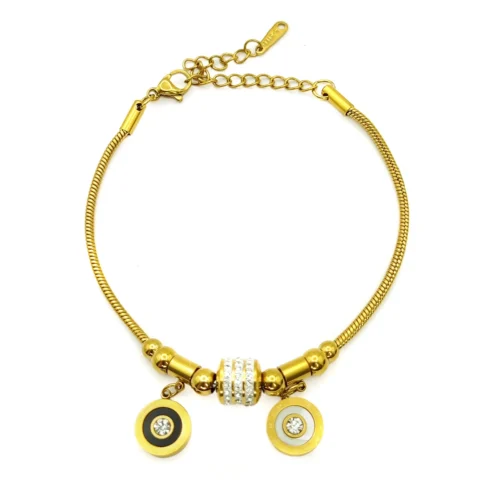 Pulsera Acero Dorado Cola de Rata Circulo Madre Perla (1)