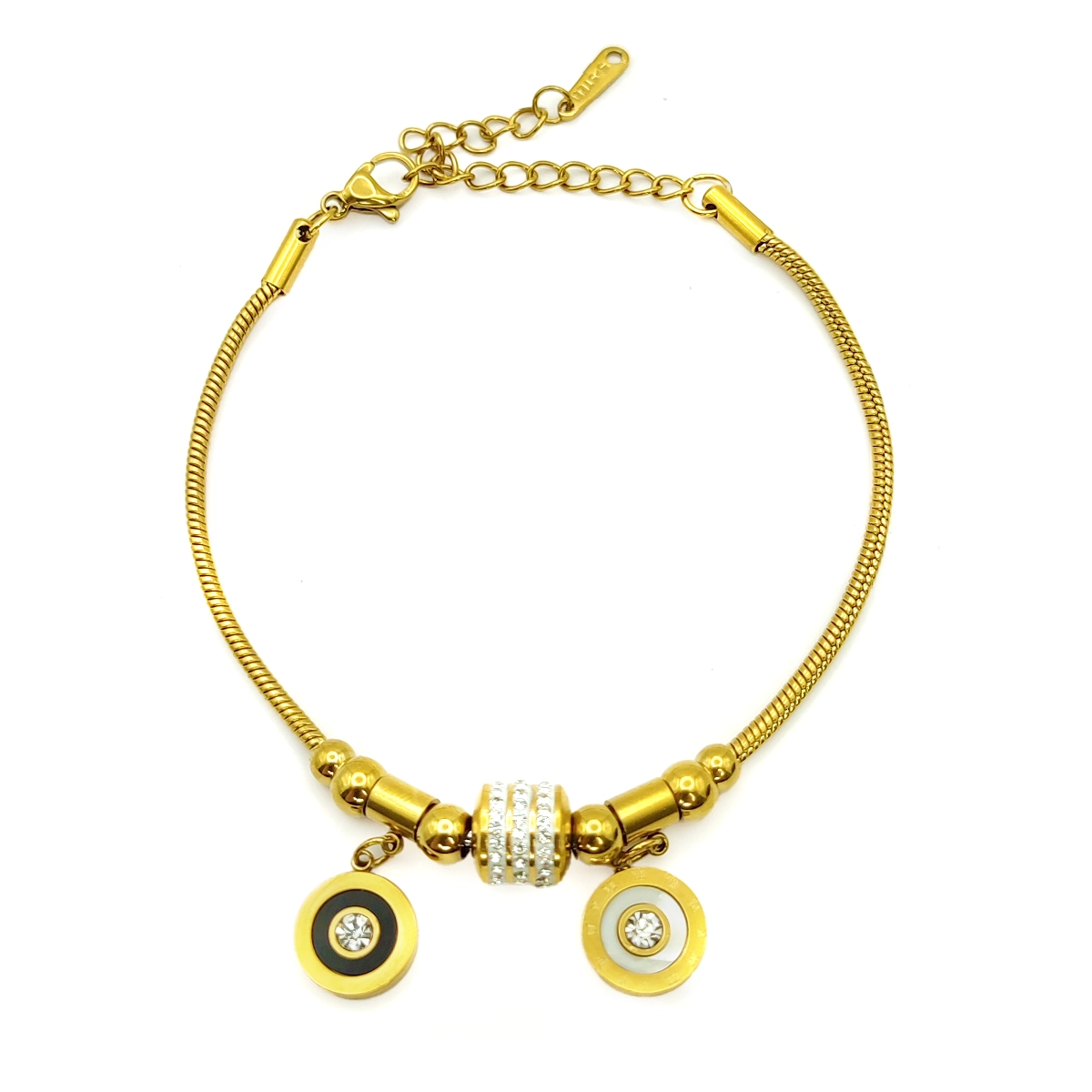 Pulsera Acero Dorado Cola de Rata Circulo Madre Perla 1
