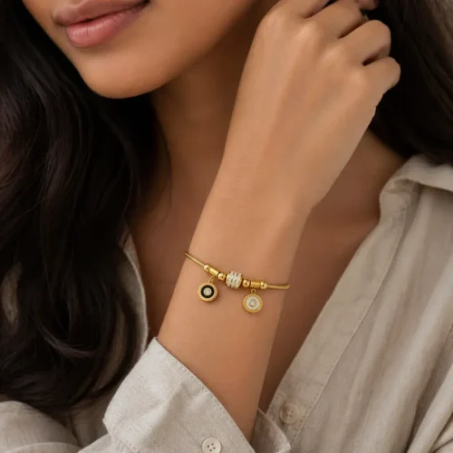 Pulsera Acero Dorado Cola de Rata Circulo Madre Perla (2)