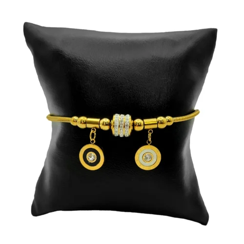 Pulsera Acero Dorado Cola de Rata Circulo Madre Perla (2)
