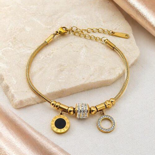 Pulsera Acero Dorado Cola de Rata Circulo Negro Resina (1)