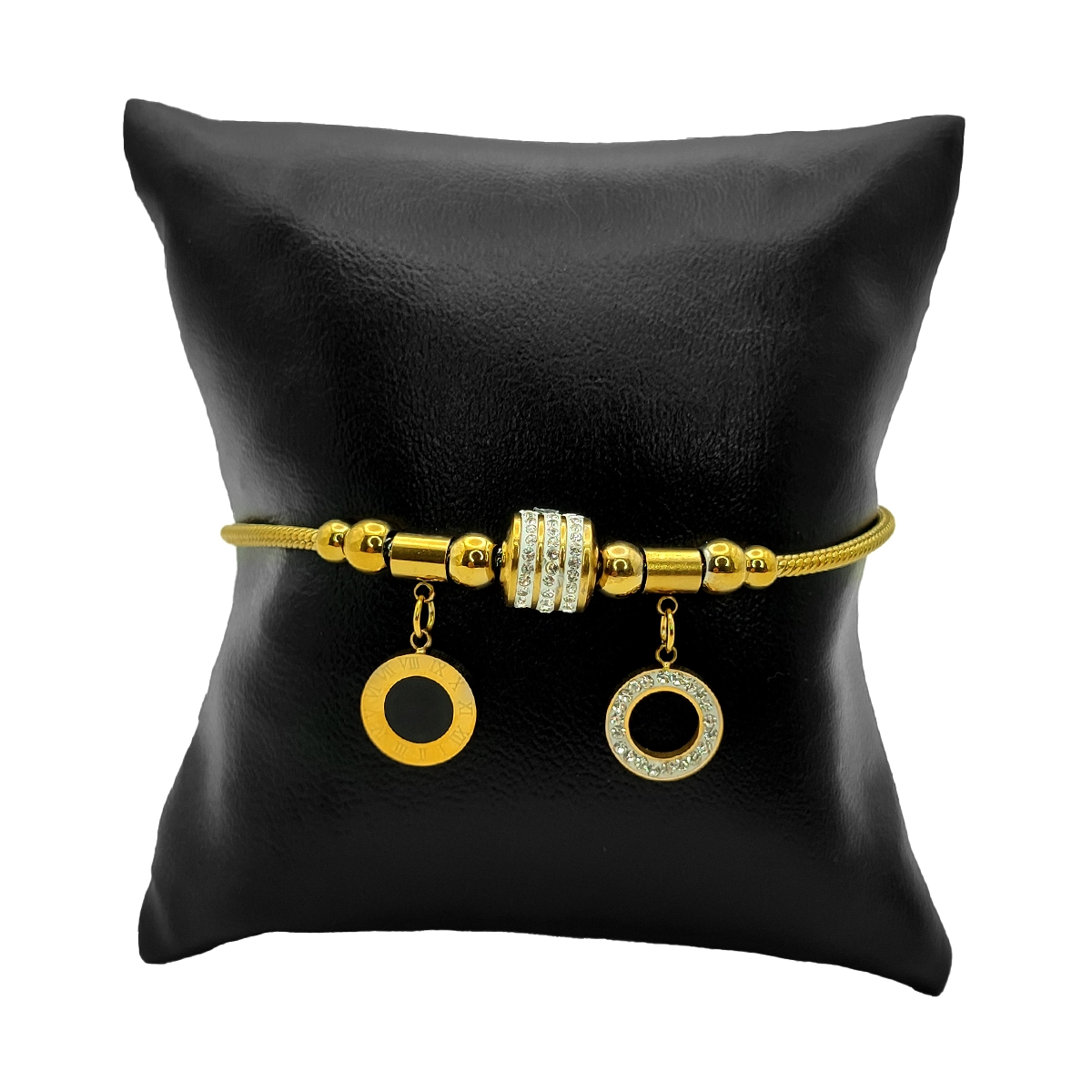 Pulsera Acero Dorado Cola de Rata Circulo Negro Resina 2