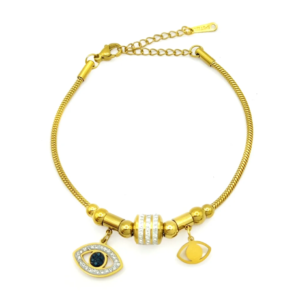 Pulsera de acero inoxidable con círculos, números romanos y cristales claros sobre fondo blanco