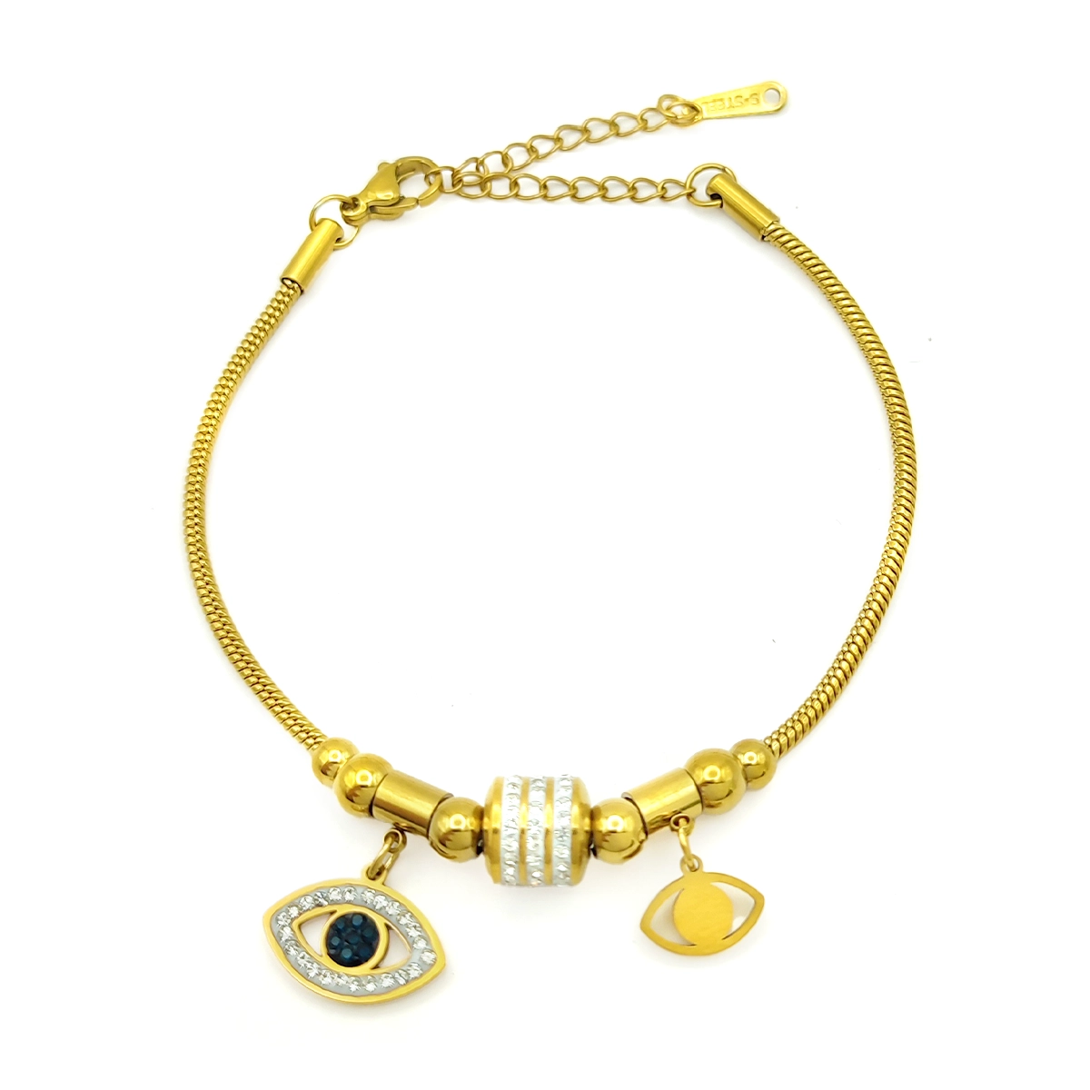 Pulsera de acero inoxidable con círculos, números romanos y cristales claros sobre fondo blanco