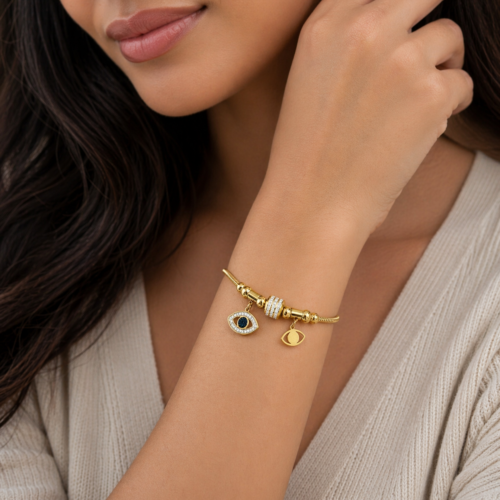 Pulsera Acero Dorado Cola de Rata Ojo Cristales