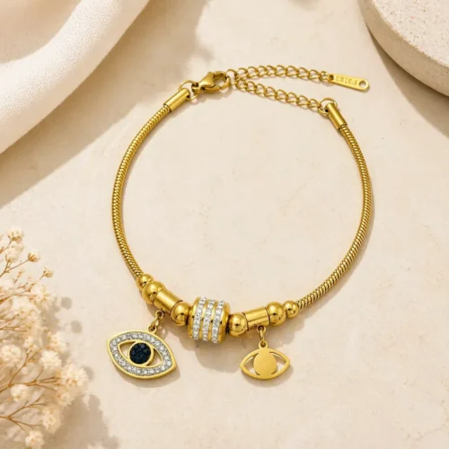 Pulsera Acero Dorado Cola de Rata Ojo Cristales