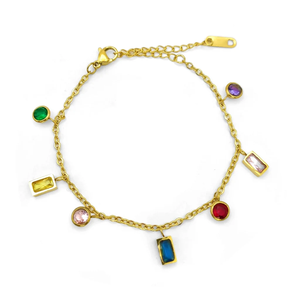 Pulsera Acero Inox Esclava Eslabon Bizantino Semicirculo 14 Pulsera dorada de acero inoxidable con cristales circulares y rectangulares multicolor sobre fondo blanco