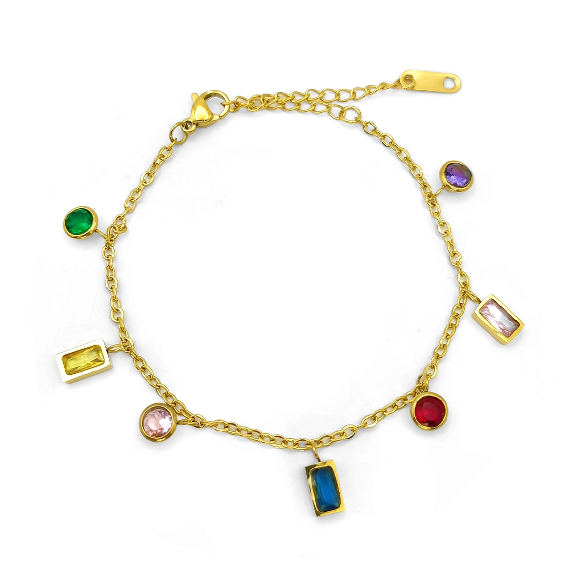 Pulsera dorada de acero inoxidable con cristales circulares y rectangulares multicolor sobre fondo blanco
