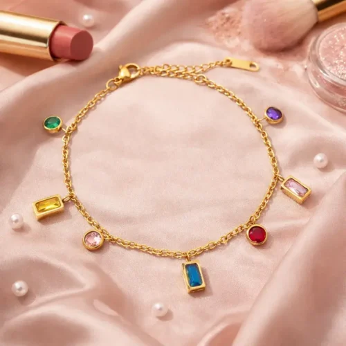 Pulsera Acero Dorado Cristales Circulares y Rectangulares