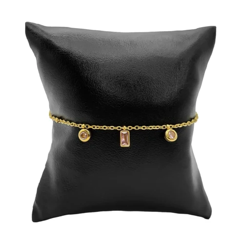 Pulsera Acero Dorado Delgada Cristales Rosas Mini Balines (1)