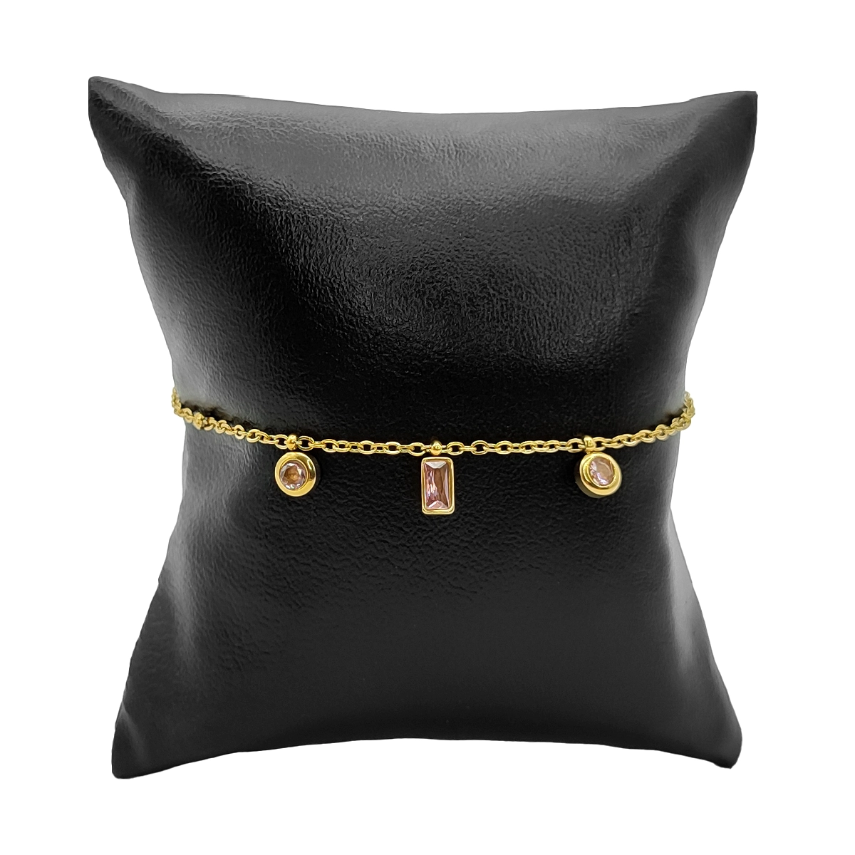 Pulsera Acero Dorado Delgada Cristales Rosas Mini Balines 1