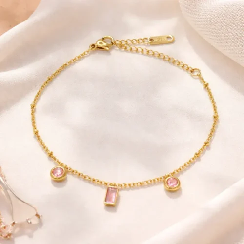 Pulsera Acero Dorado Delgada Cristales Rosas Mini Balines (4)