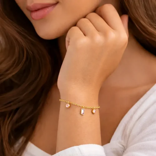 Pulsera Acero Dorado Delgada Cristales Rosas Mini Balines (5)