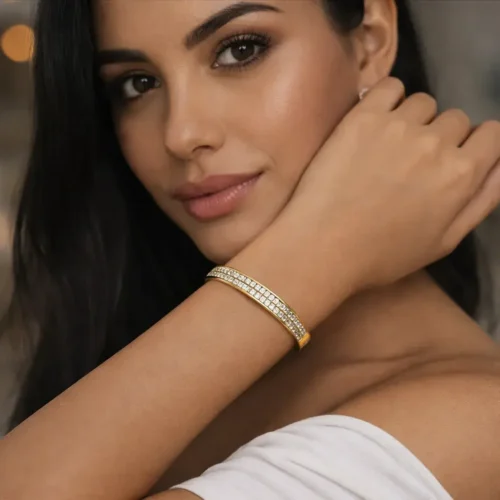 Pulsera Acero Dorado Doble Fila de Cristales Cuadrados (2)