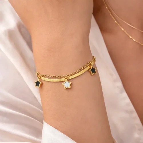 Pulsera Acero Dorado Doble Planchada Estrellas Colgantes (2)