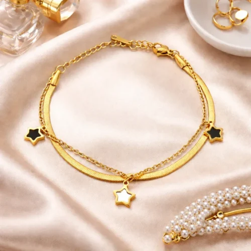 Pulsera Acero Dorado Doble Planchada Estrellas Colgantes