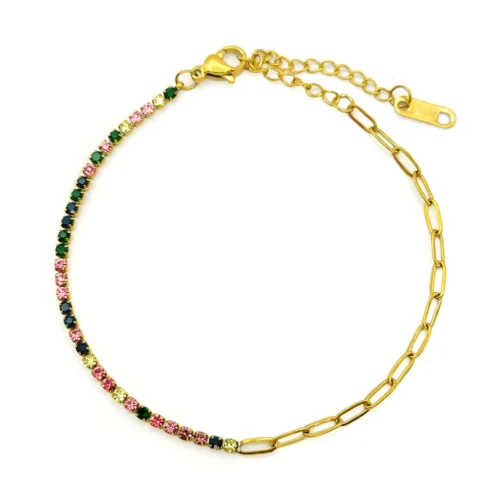 Pulsera Acero Dorado Fila Zirconias Eslabon Oval Delgado (2)
