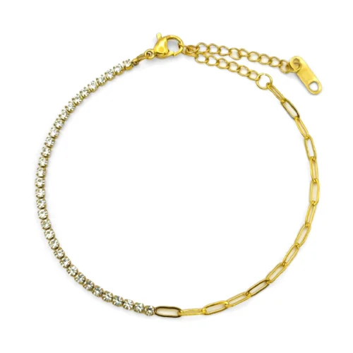 Pulsera Acero Dorado Fila Zirconias Eslabon Oval Delgado (5)