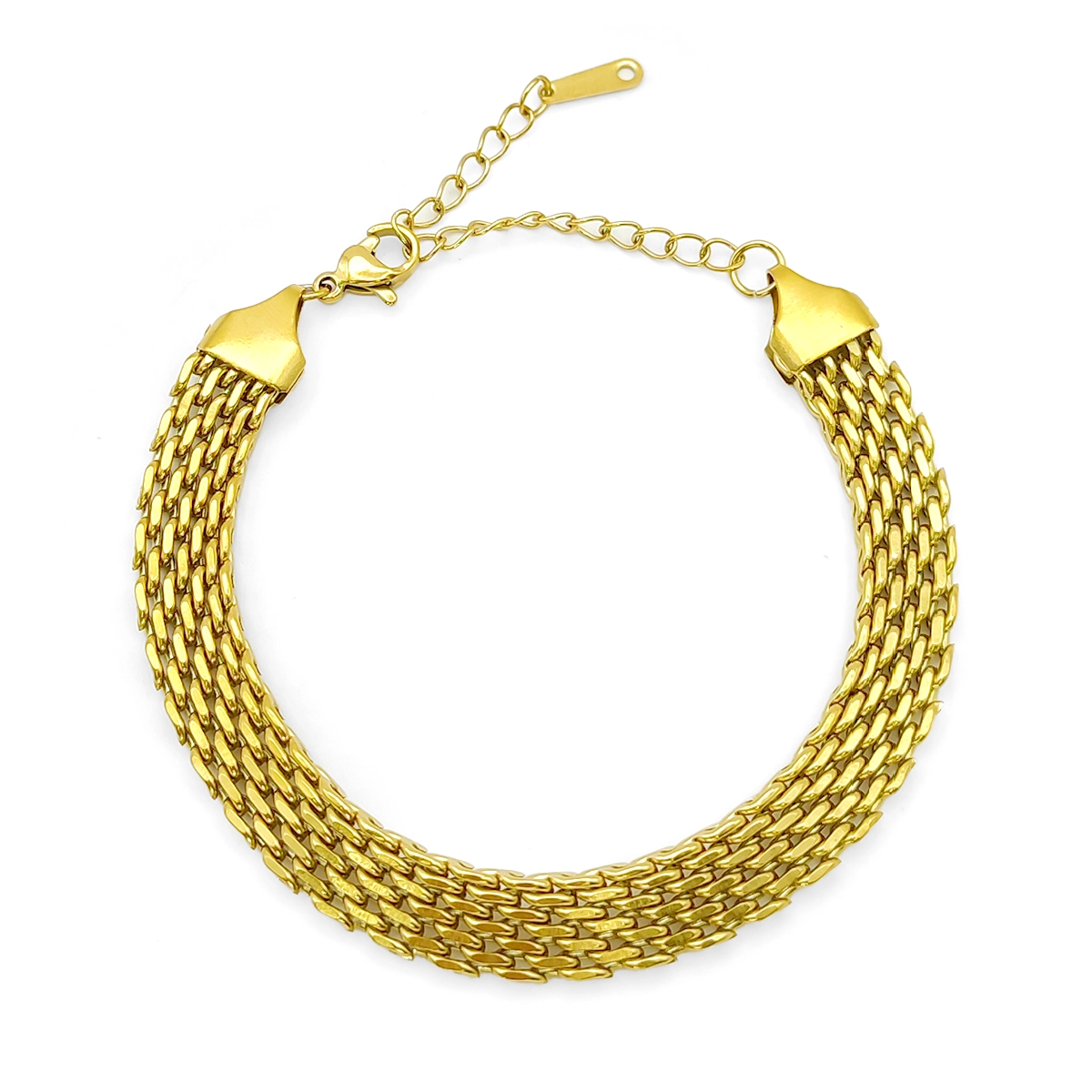 Pulsera dorada de acero inoxidable para mujer con diseño multicadena tipo red sobre fondo blanco