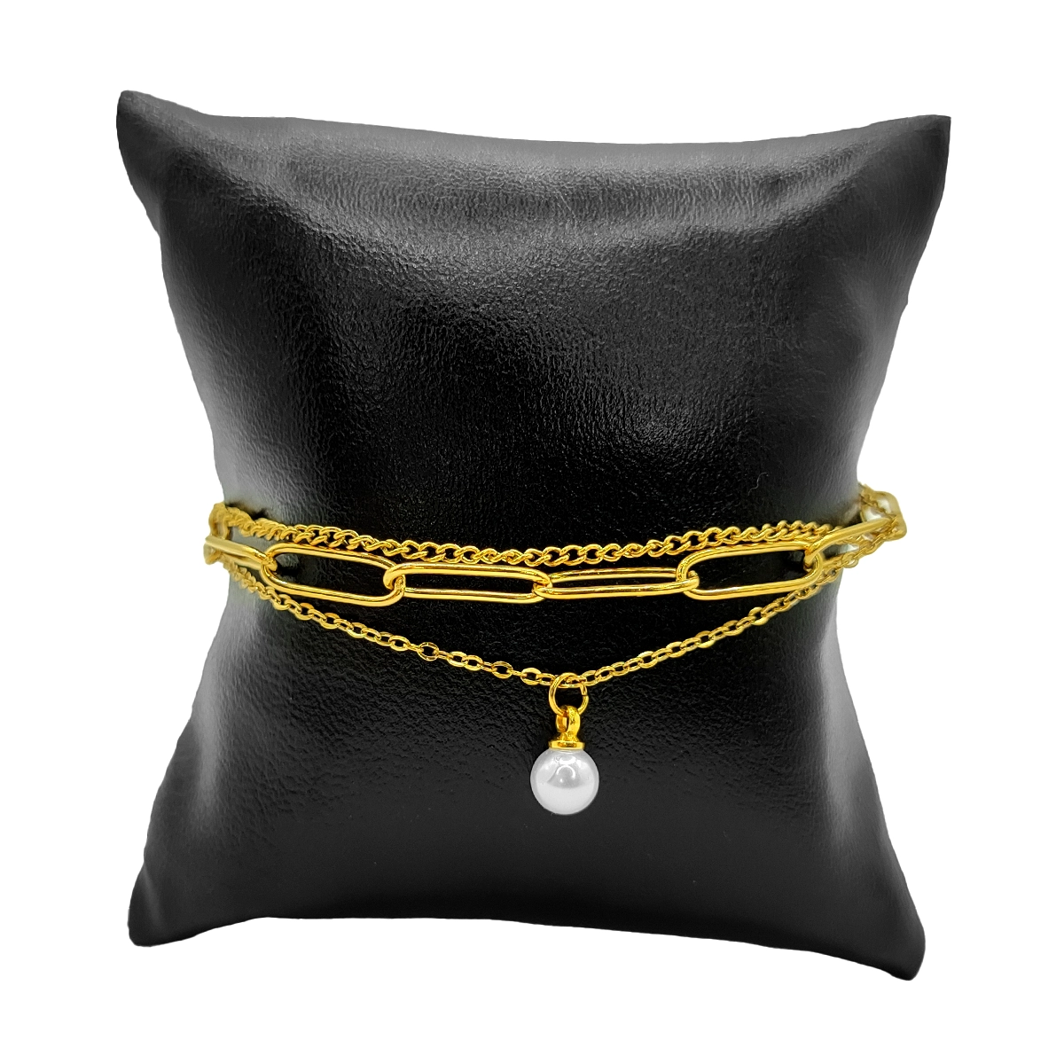 Pulsera Acero Dorado Triple Cadena Perla Pequena 2