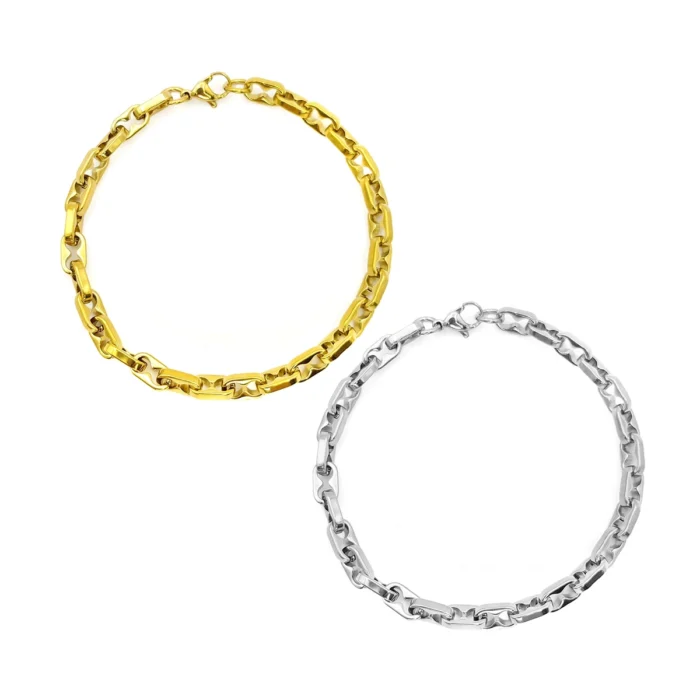 Pulsera de acero inoxidable para hombre con eslabón barco ancho en acabado dorado y plateado sobre fondo blanco