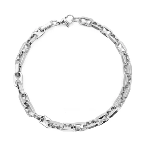 Pulsera de acero inoxidable para hombre con eslabón barco ancho en acabado plateado sobre fondo blanco