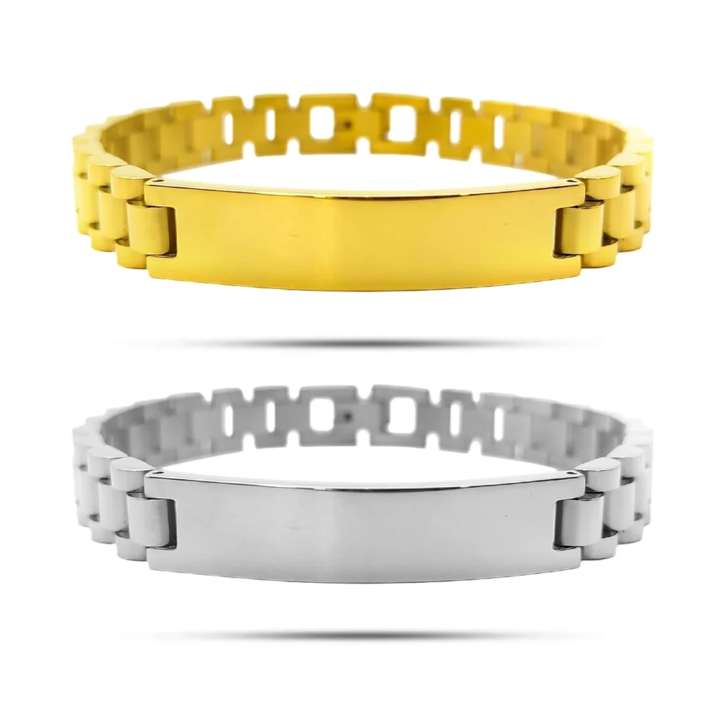 Pulsera Acero Plateado Extensible Reloj Elegante Pulida 16 Pulsera esclava de acero inoxidable para hombre con placa lisa central y eslabones tipo reloj en acabado dorado y plateado sobre fondo blanco