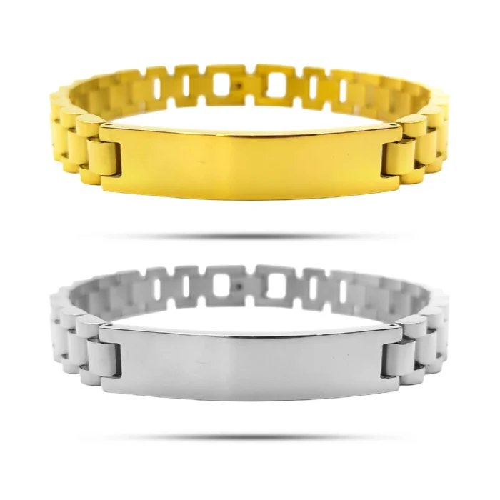 Pulsera esclava de acero inoxidable para hombre con placa lisa central y eslabones tipo reloj en acabado dorado y plateado sobre fondo blanco